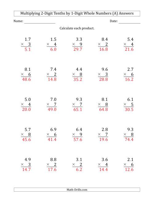 multiplying 2 digit tenths by 1 digit whole numbers a