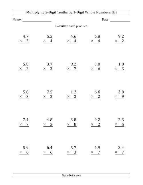 The Multiplying 2-Digit Tenths by 1-Digit Whole Numbers (B) Math Worksheet