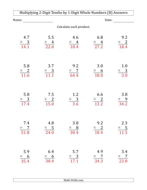 The Multiplying 2-Digit Tenths by 1-Digit Whole Numbers (B) Math Worksheet Page 2