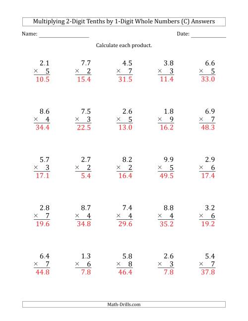 The Multiplying 2-Digit Tenths by 1-Digit Whole Numbers (C) Math Worksheet Page 2