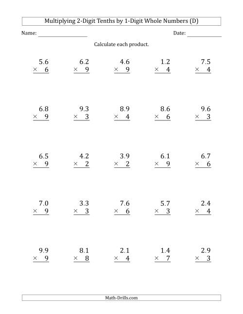 The Multiplying 2-Digit Tenths by 1-Digit Whole Numbers (D) Math Worksheet