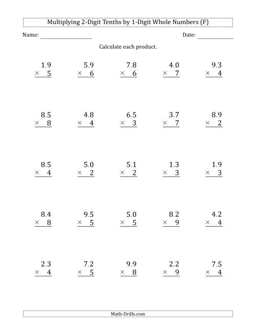 The Multiplying 2-Digit Tenths by 1-Digit Whole Numbers (F) Math Worksheet