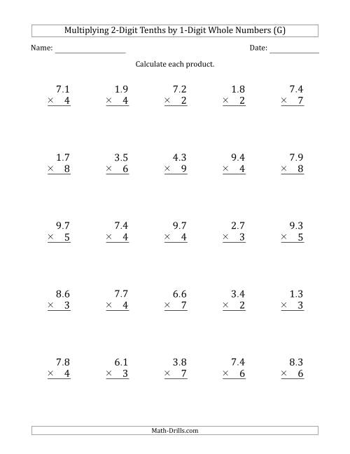 The Multiplying 2-Digit Tenths by 1-Digit Whole Numbers (G) Math Worksheet