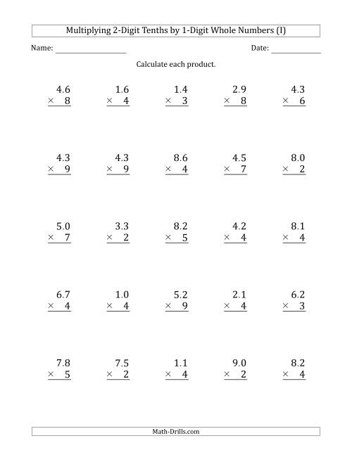 The Multiplying 2-Digit Tenths by 1-Digit Whole Numbers (I) Math Worksheet