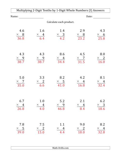 multiplying 2 digit tenths by 1 digit whole numbers i