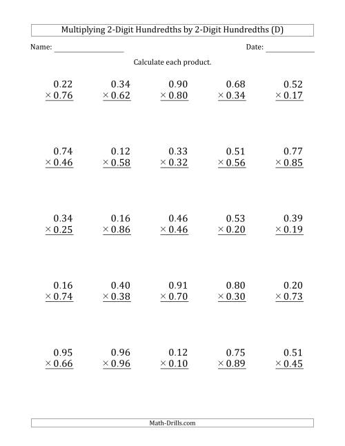 The Multiplying 2-Digit Hundredths by 2-Digit Hundredths (D) Math Worksheet