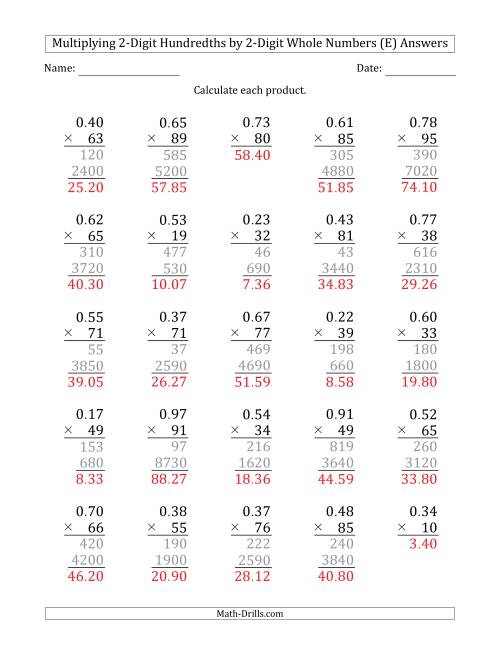 multiplying 2 digit hundredths by 2 digit whole numbers e