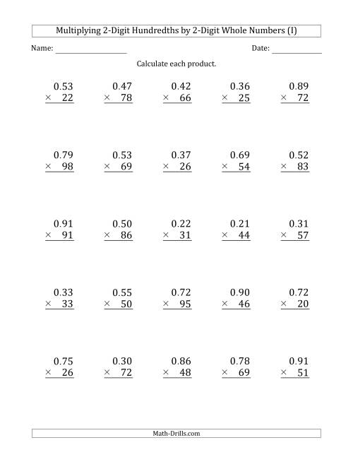 The Multiplying 2-Digit Hundredths by 2-Digit Whole Numbers (I) Math Worksheet
