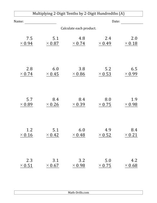 The Multiplying 2-Digit Tenths by 2-Digit Hundredths (A) Math Worksheet
