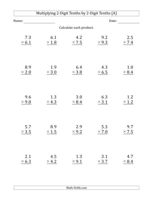 The Multiplying 2-Digit Tenths by 2-Digit Tenths (A) Math Worksheet