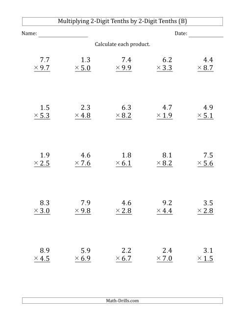 The Multiplying 2-Digit Tenths by 2-Digit Tenths (B) Math Worksheet