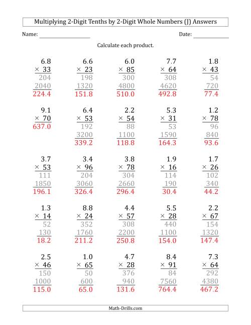 Multiplying 2-Digit Tenths by 2-Digit Whole Numbers (J)