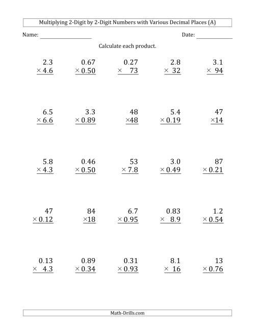 The Multiplying 2-Digit by 2-Digit Numbers with Various Decimal Places (A) Math Worksheet
