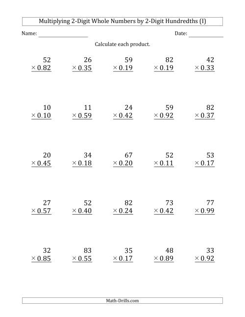The Multiplying 2-Digit Whole Numbers by 2-Digit Hundredths (I) Math Worksheet