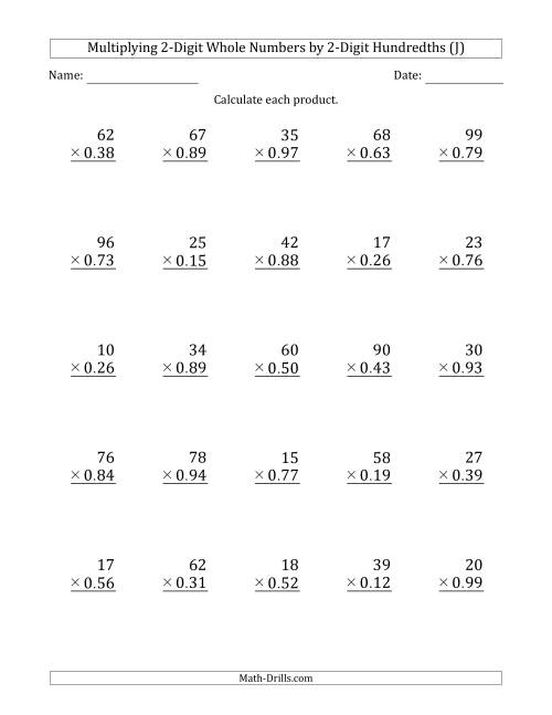 The Multiplying 2-Digit Whole Numbers by 2-Digit Hundredths (J) Math Worksheet
