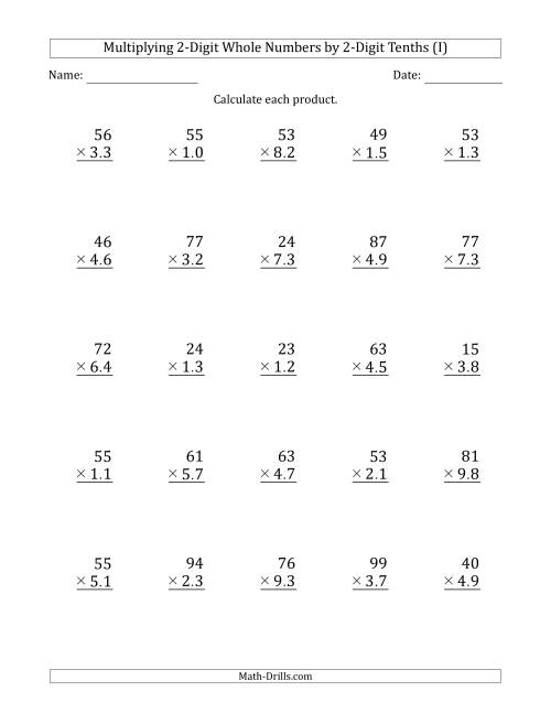 The Multiplying 2-Digit Whole Numbers by 2-Digit Tenths (I) Math Worksheet