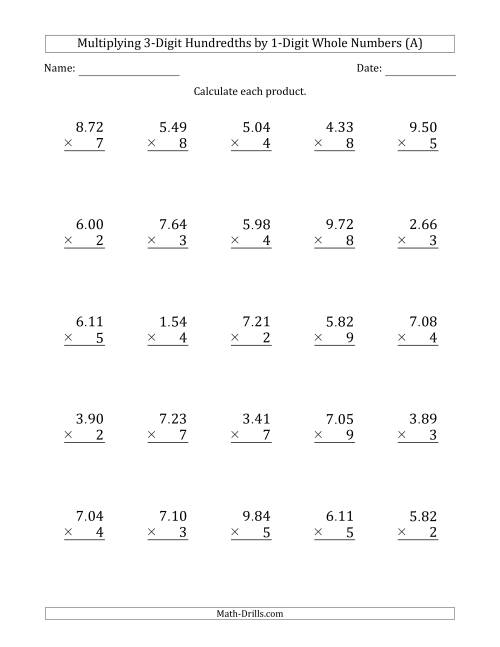 The Multiplying 3-Digit Hundredths by 1-Digit Whole Numbers (A) Math Worksheet