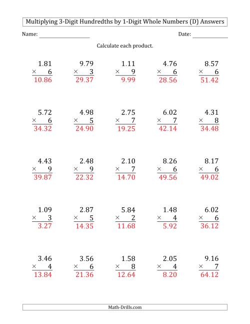 multiplying 3 digit hundredths by 1 digit whole numbers d