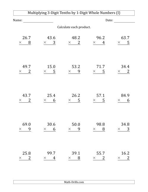The Multiplying 3-Digit Tenths by 1-Digit Whole Numbers (I) Math Worksheet