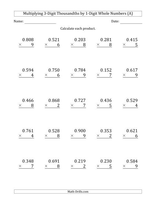The Multiplying 3-Digit Thousandths by 1-Digit Whole Numbers (A) Math Worksheet