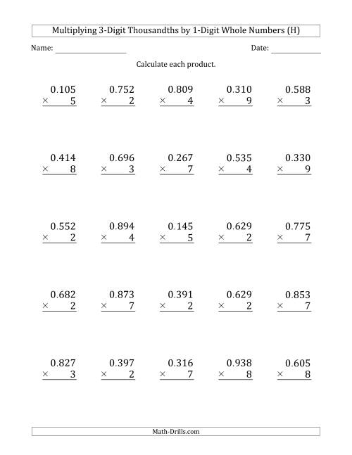 The Multiplying 3-Digit Thousandths by 1-Digit Whole Numbers (H) Math Worksheet