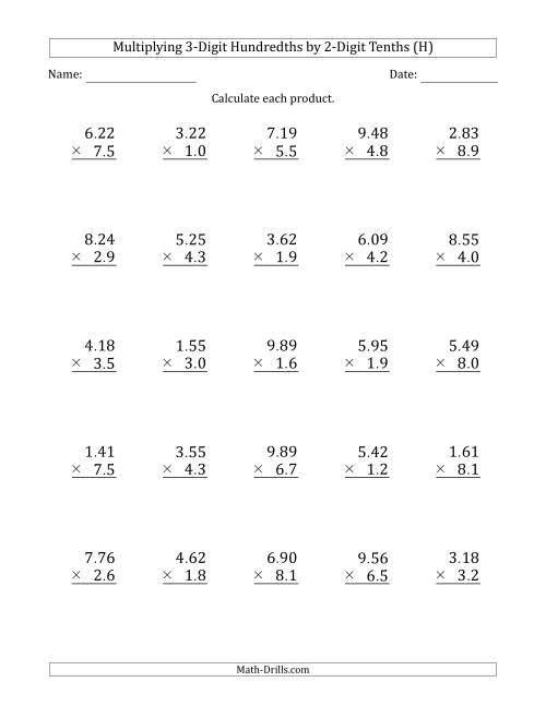 The Multiplying 3-Digit Hundredths by 2-Digit Tenths (H) Math Worksheet