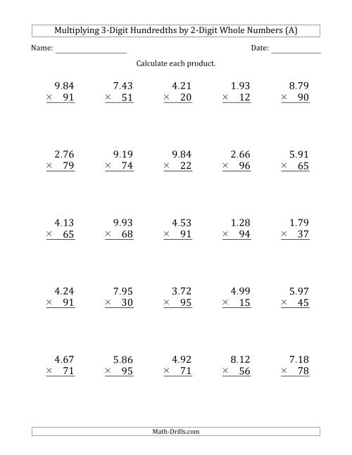 The Multiplying 3-Digit Hundredths by 2-Digit Whole Numbers (All) Math Worksheet