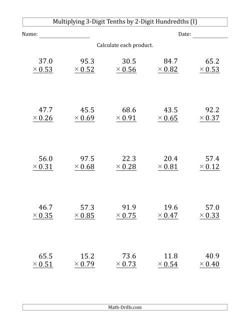 The Multiplying 3-Digit Tenths by 2-Digit Hundredths (I) Math Worksheet