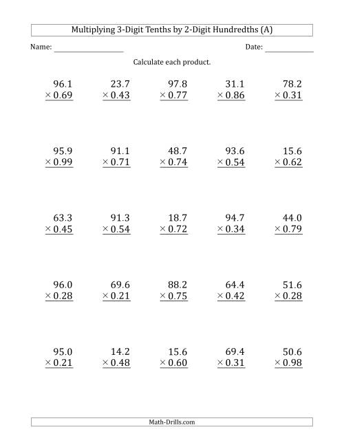 The Multiplying 3-Digit Tenths by 2-Digit Hundredths (All) Math Worksheet