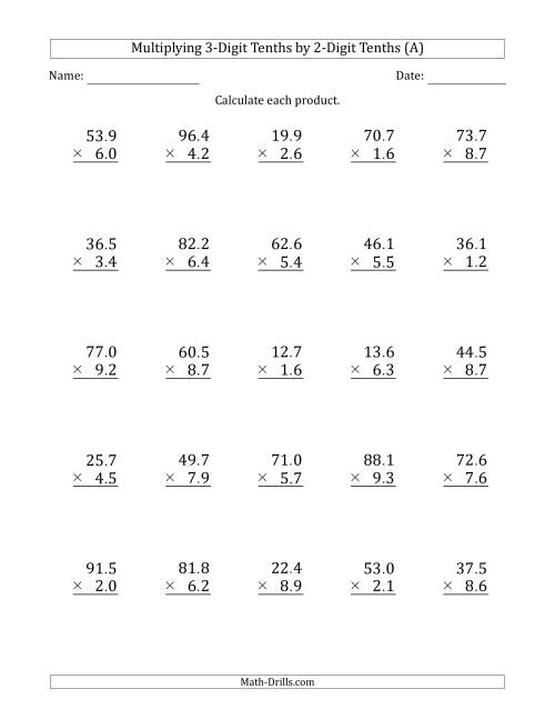 The Multiplying 3-Digit Tenths by 2-Digit Tenths (A) Math Worksheet