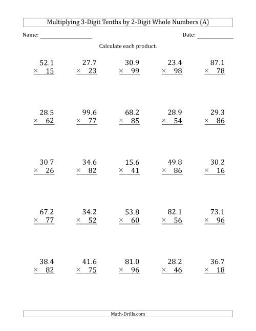 multiplying 3 digit tenths by 2 digit whole numbers a