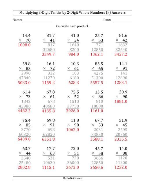 Multiplying 3-Digit Tenths by 2-Digit Whole Numbers (F)