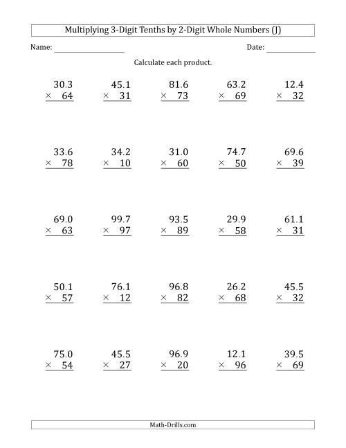 The Multiplying 3-Digit Tenths by 2-Digit Whole Numbers (J) Math Worksheet