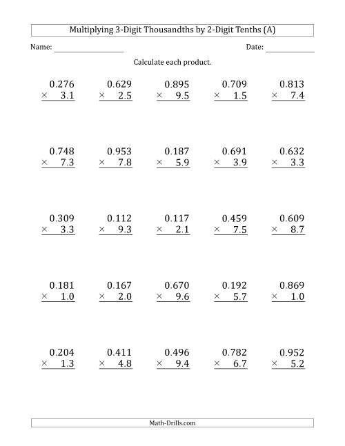 The Multiplying 3-Digit Thousandths by 2-Digit Tenths (A) Math Worksheet