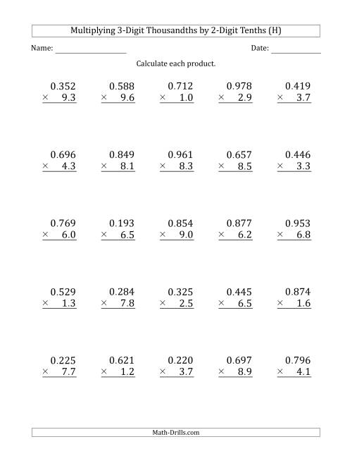 The Multiplying 3-Digit Thousandths by 2-Digit Tenths (H) Math Worksheet