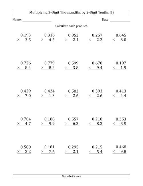 The Multiplying 3-Digit Thousandths by 2-Digit Tenths (J) Math Worksheet