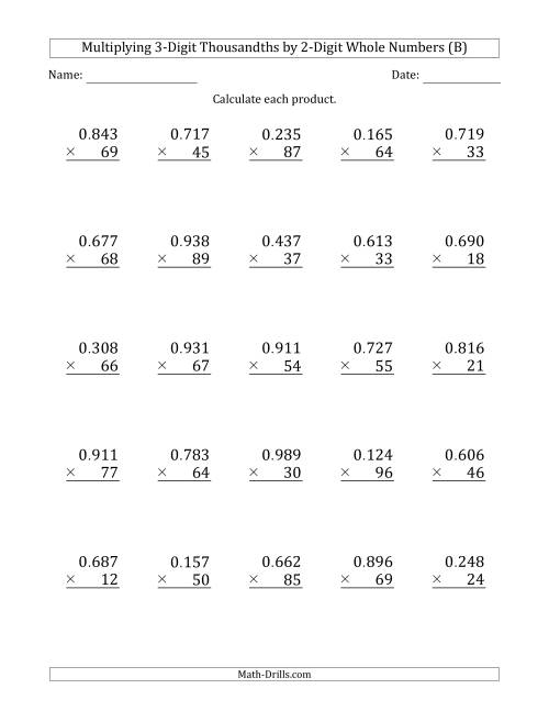 The Multiplying 3-Digit Thousandths by 2-Digit Whole Numbers (B) Math Worksheet