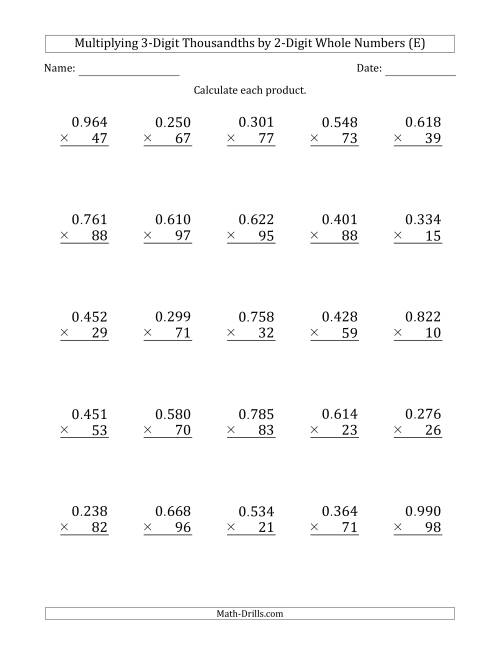 The Multiplying 3-Digit Thousandths by 2-Digit Whole Numbers (E) Math Worksheet
