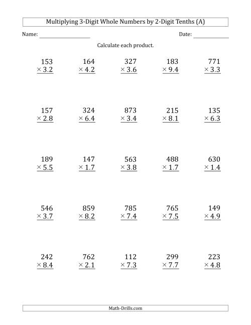 The Multiplying 3-Digit Whole Numbers by 2-Digit Tenths (A) Math Worksheet