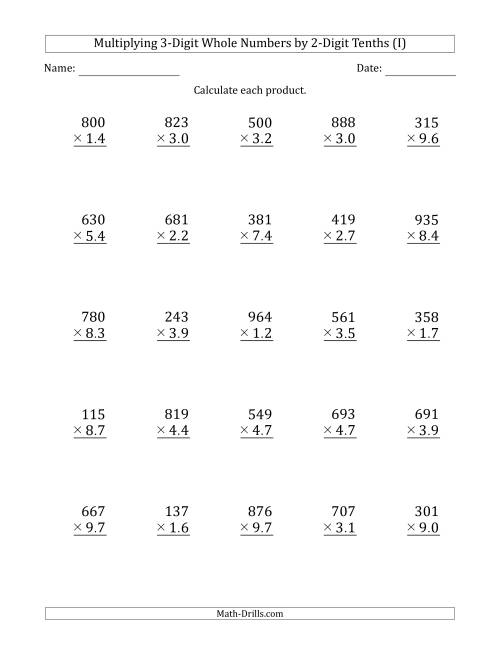 The Multiplying 3-Digit Whole Numbers by 2-Digit Tenths (I) Math Worksheet