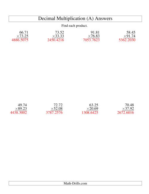 The Vertical Decimal Multiplication (range 10.01 to 99.99) (A) Math Worksheet Page 2