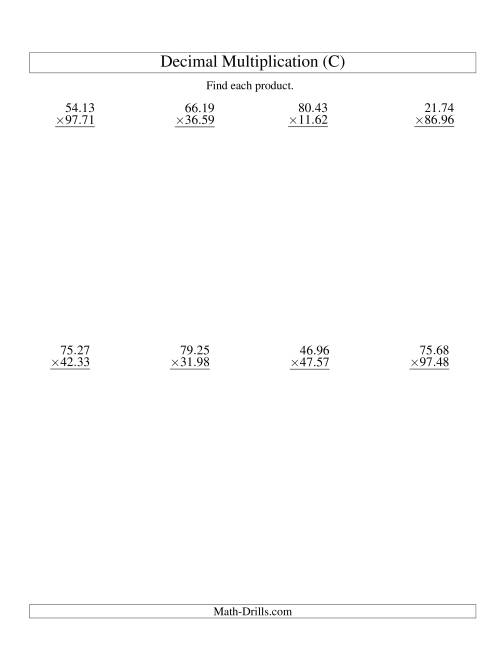 The Vertical Decimal Multiplication (range 10.01 to 99.99) (C) Math Worksheet