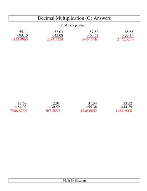 The Vertical Decimal Multiplication (range 10.01 to 99.99) (G) Math Worksheet Page 2