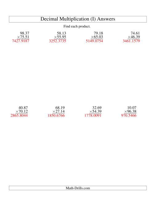 The Vertical Decimal Multiplication (range 10.01 to 99.99) (I) Math Worksheet Page 2