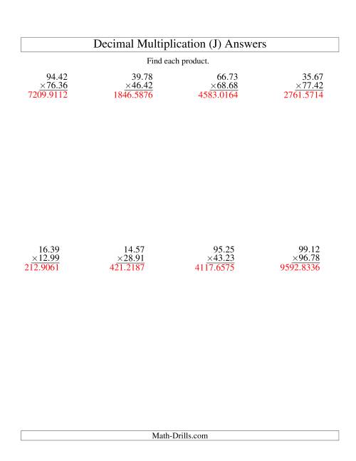 The Vertical Decimal Multiplication (range 10.01 to 99.99) (J) Math Worksheet Page 2