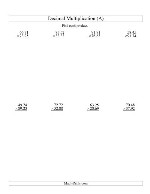 The Vertical Decimal Multiplication (range 10.01 to 99.99) (All) Math Worksheet