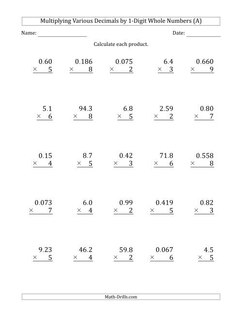 The Multiplying Various Decimals by 1-Digit Whole Numbers (A) Math Worksheet