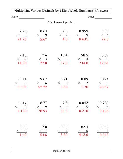 multiplying various decimals by 1 digit whole numbers j