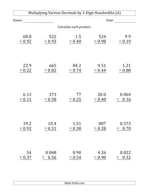 The Multiplying Various Decimals by 2-Digit Hundredths (A) Math Worksheet