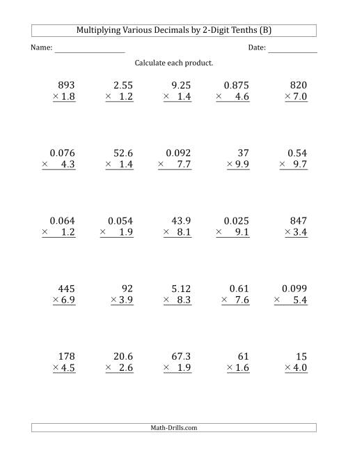 The Multiplying Various Decimals by 2-Digit Tenths (B) Math Worksheet